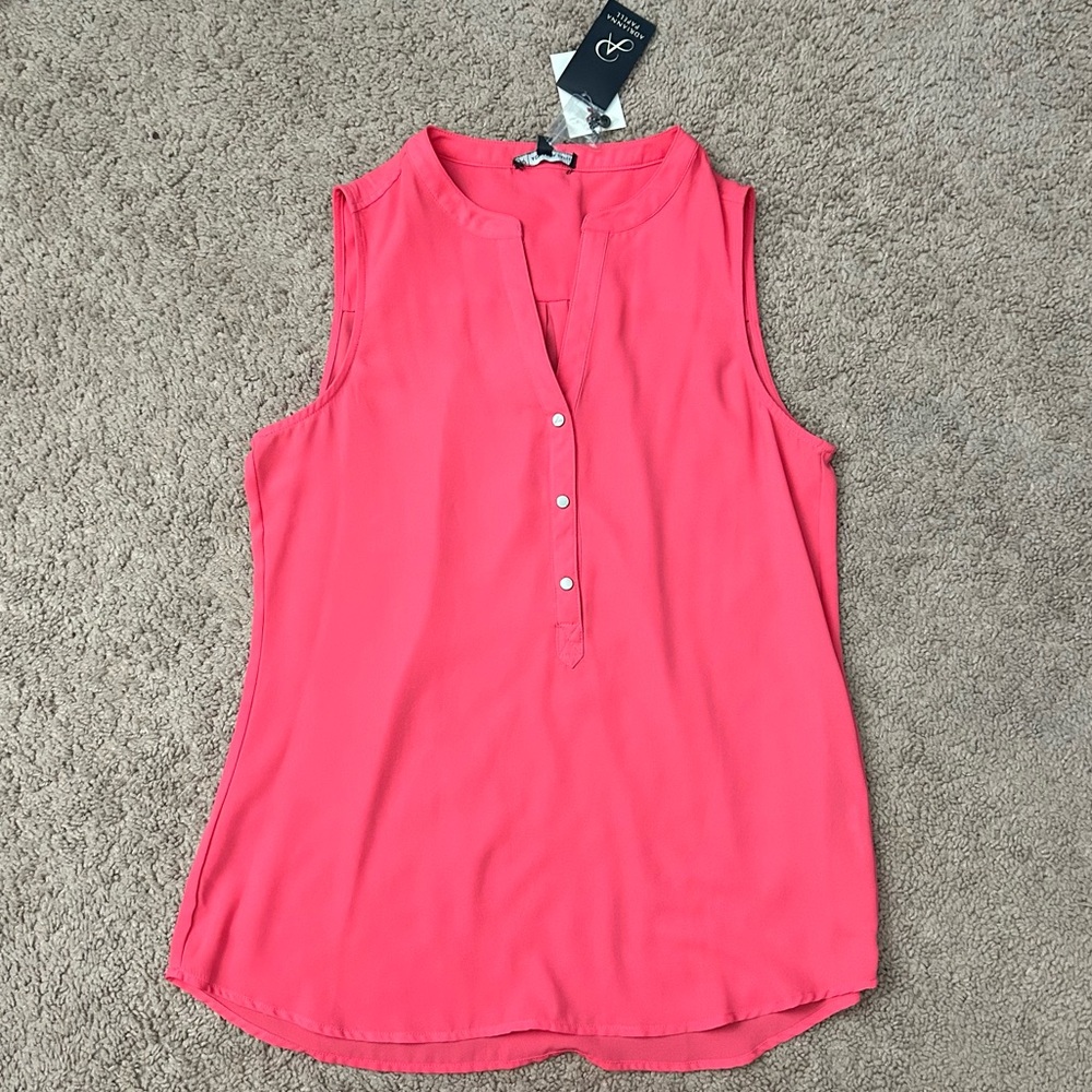 NWT Adrianna Papell Bright Coral Pink Sleeveless Blouse Button Down Small